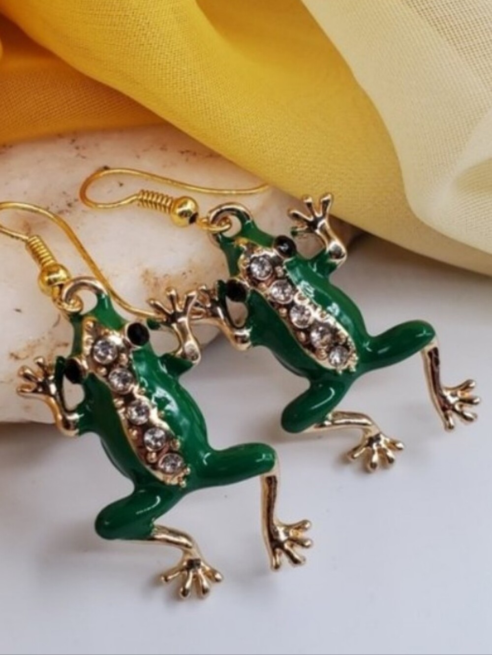 ❤️ Gold Earring Frog Jewelry Green Lucky Charm Frogs Crystals